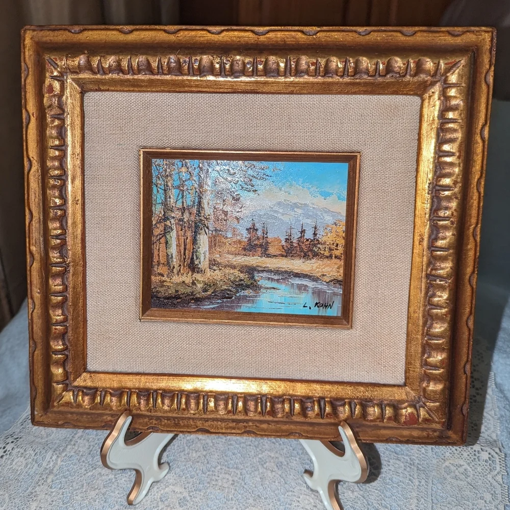 Ludwig Kohn oil painting on wood board mountain and stream landscape.